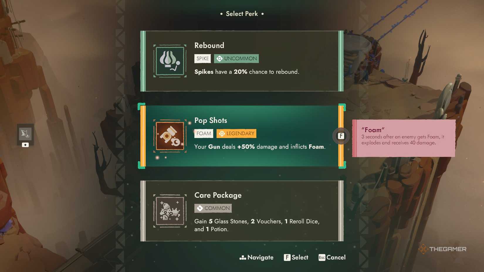 The perk select screen in Moonlighter 2, highlighting the perk Pop Shots.