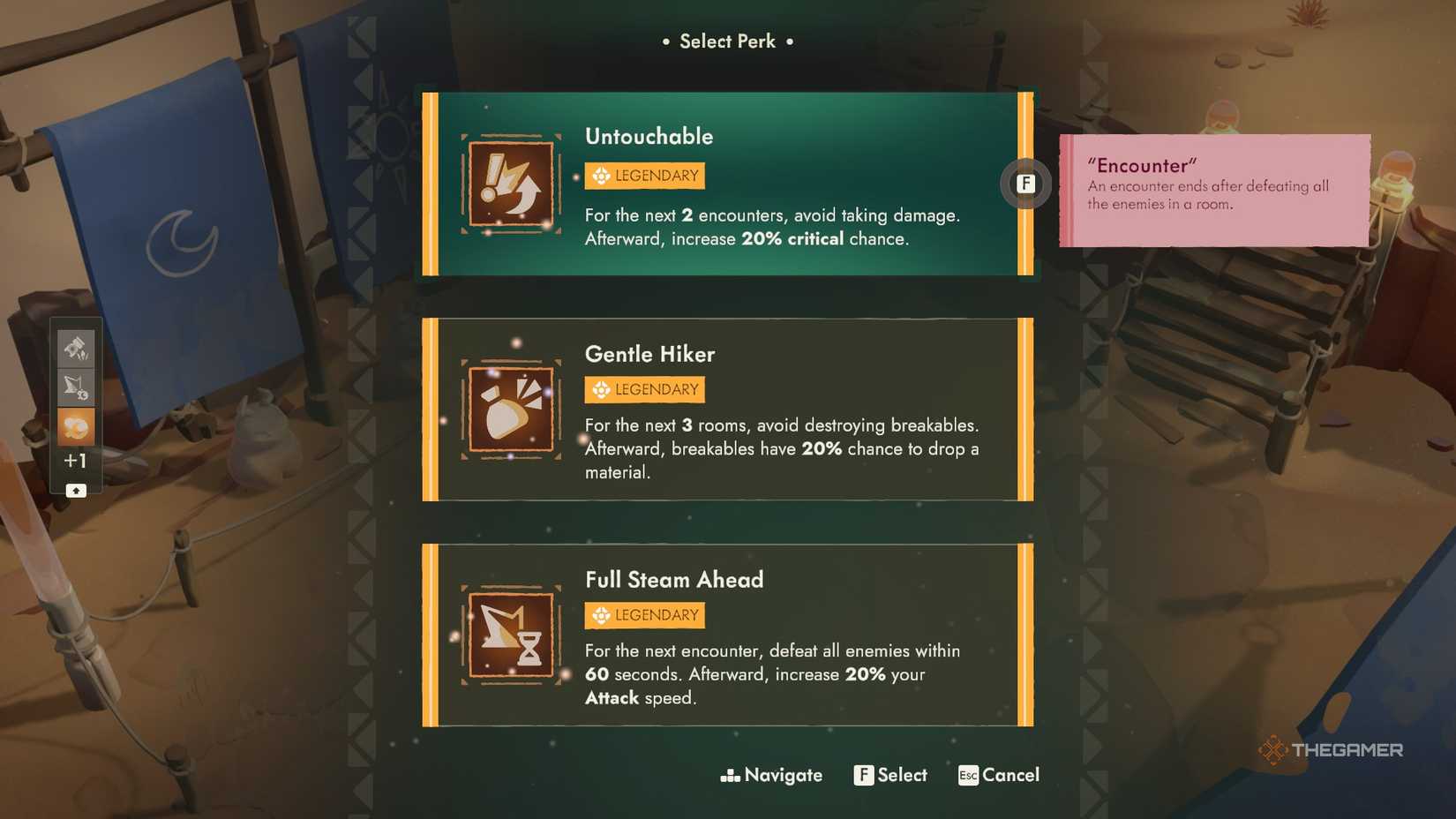 The perk select screen in Moonlighter 2, highlighting the perk Untouchable.