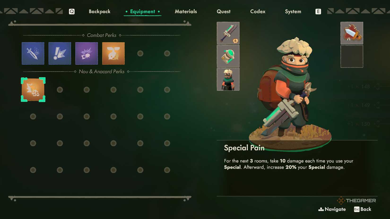 The Equipment tab in Moonlighter 2, highlighting the perk Special Pain.