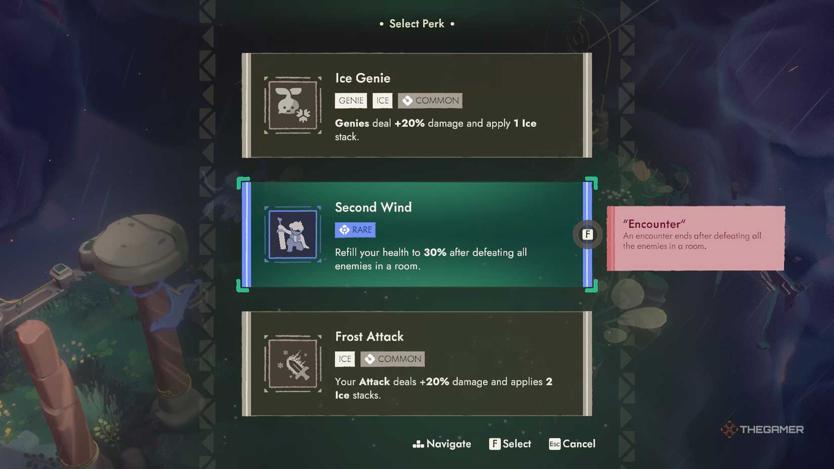 The perk select screen in Moonlighter 2, highlighting the perk Second Wind.