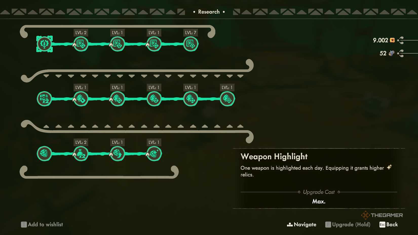 The Research tab with every upgrade unlocked in Moonlighter 2.