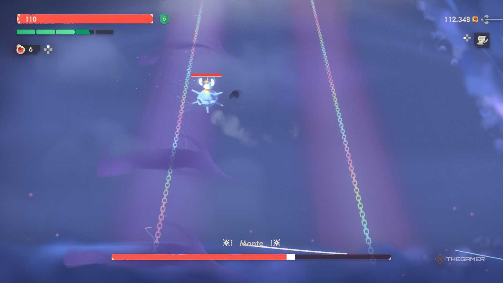 Two lines of chains and a flying enemy going close to Will in Moonlighter 2.