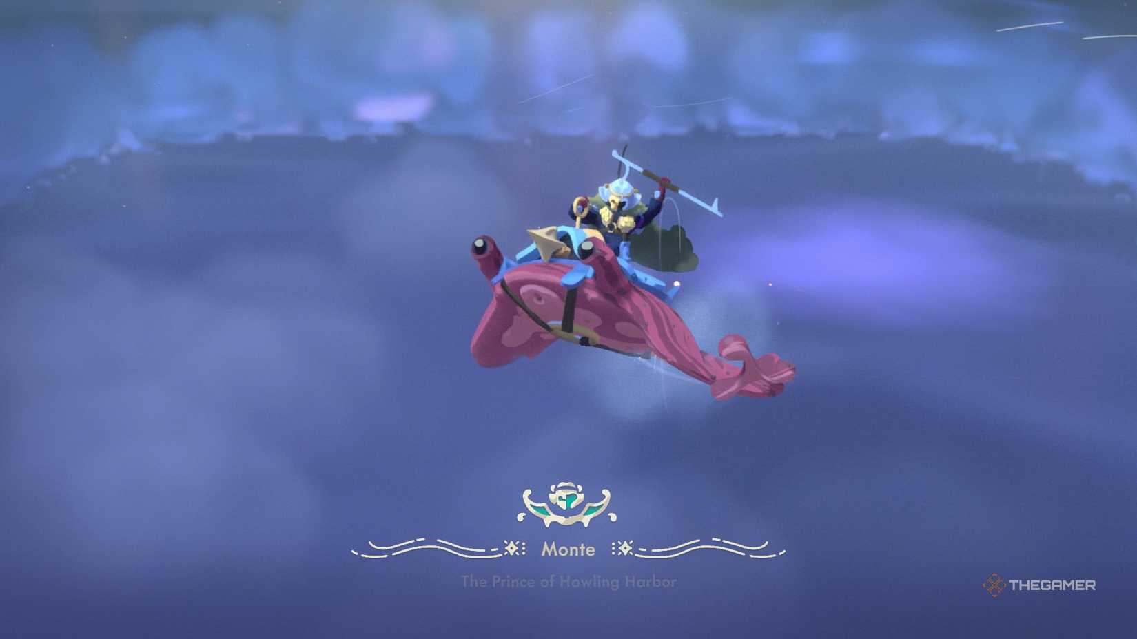 Monte riding his stingray during his presentation in Moonlighter 2.