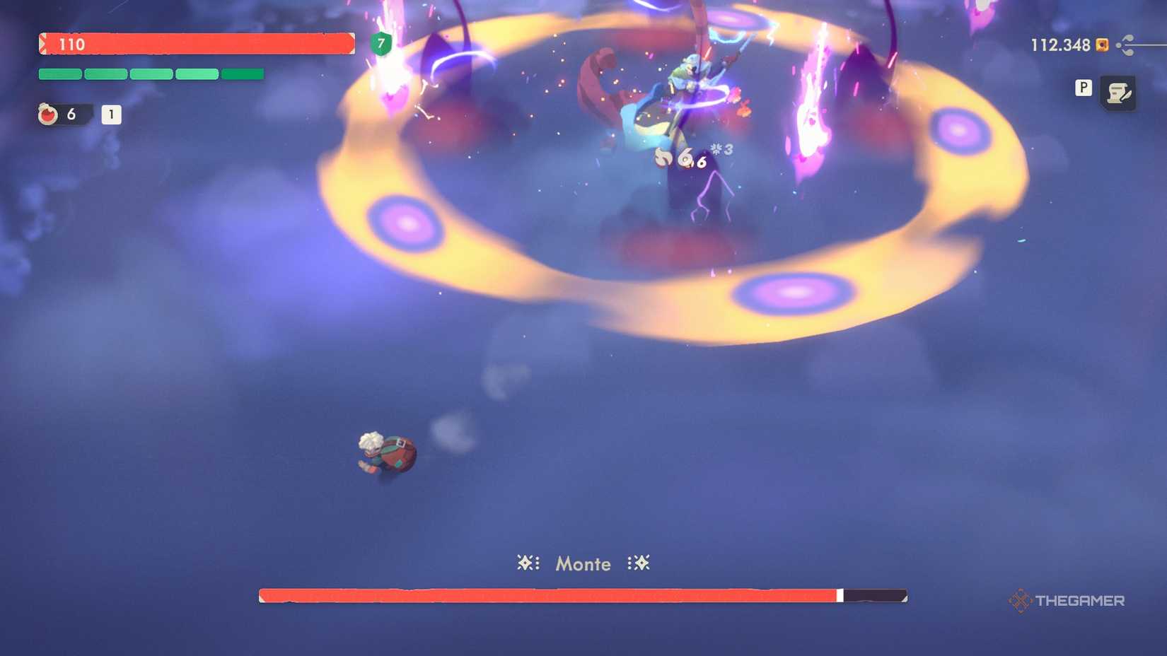 A series of explosions going off around Monte in Moonlighter 2.