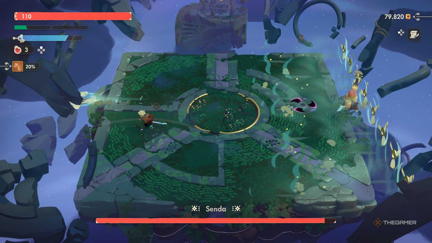 Senda on the right side of the arena, with fans near him and throwing a purple on in Moonlighter 2.