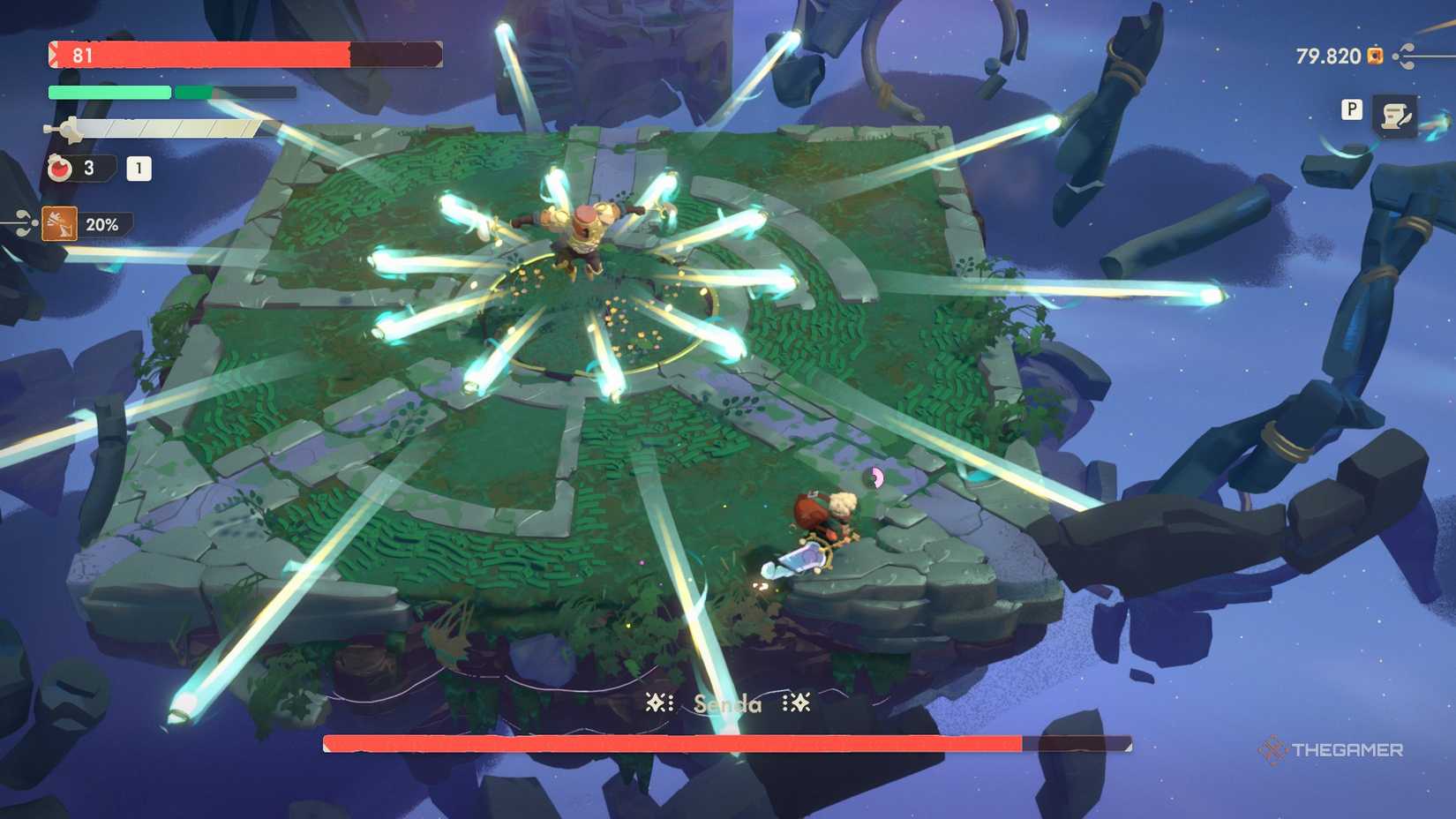 Senda at the center of the arena, shooting multiple projectiles in all directions in Moonlighter 2.