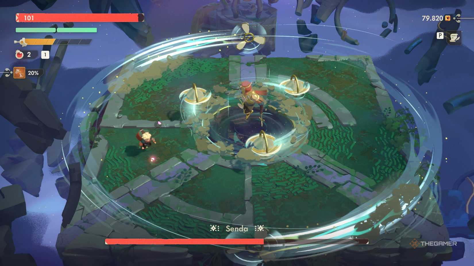 The rings floating next to Senda and two more on the limit of the arena in Moonlighter 2.