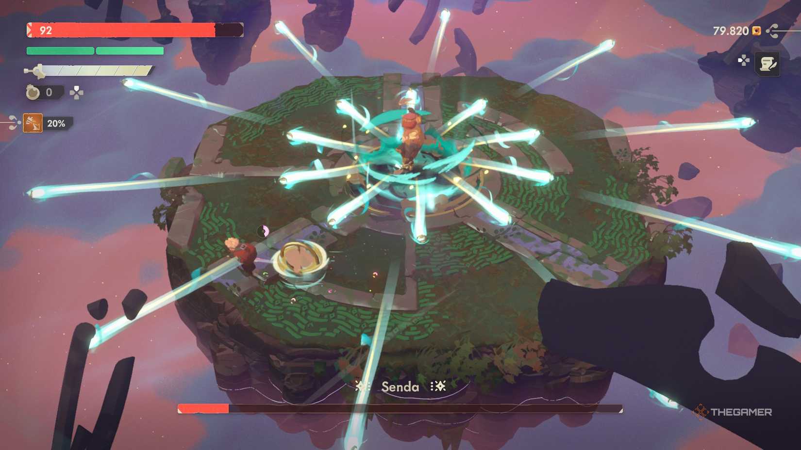 Senda shooting his barrage of projectiles while one big ring chases Will in Moonlighter 2.