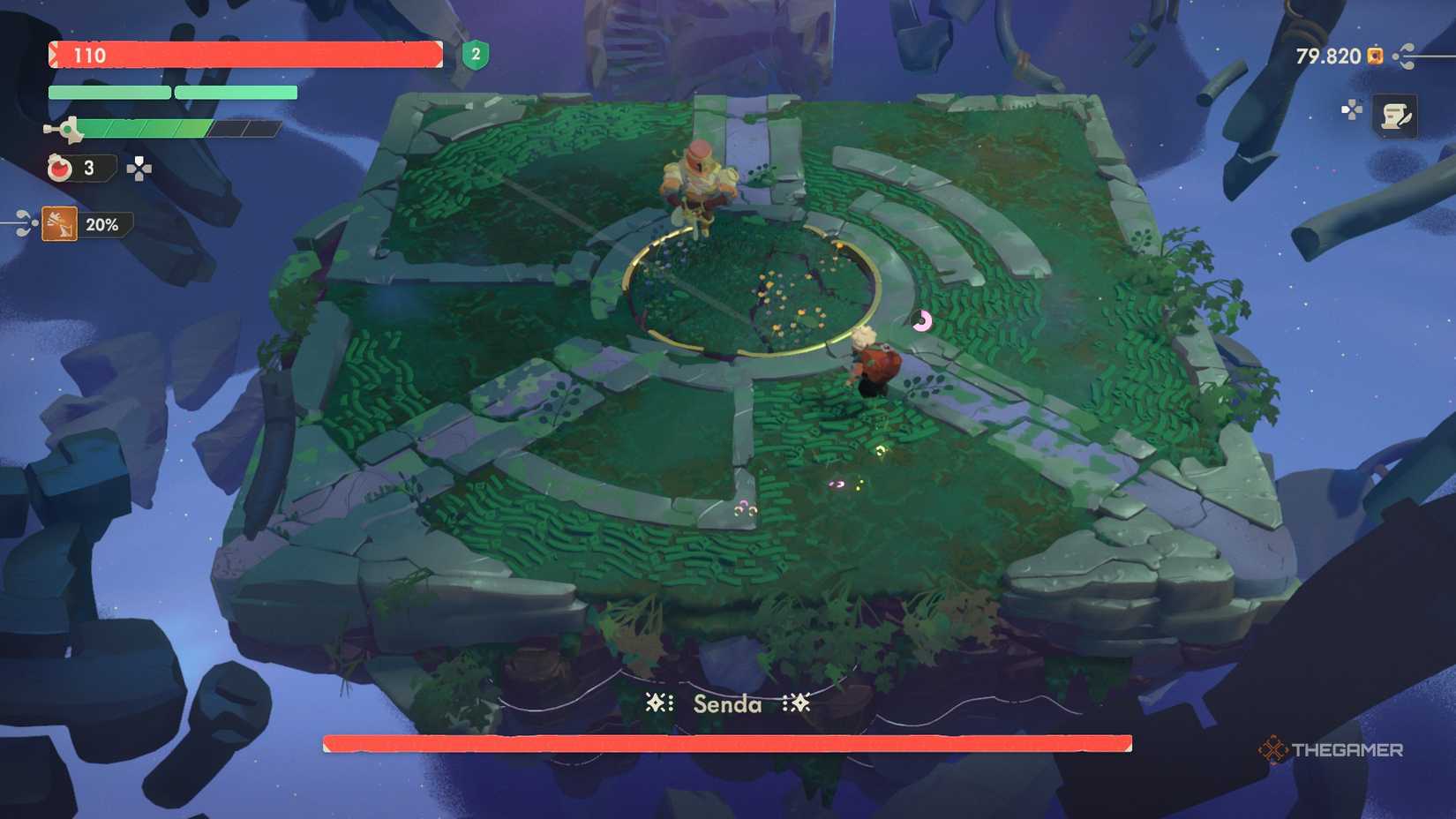 Will looking at Senda at the start of the fight in Moonlighter 2.