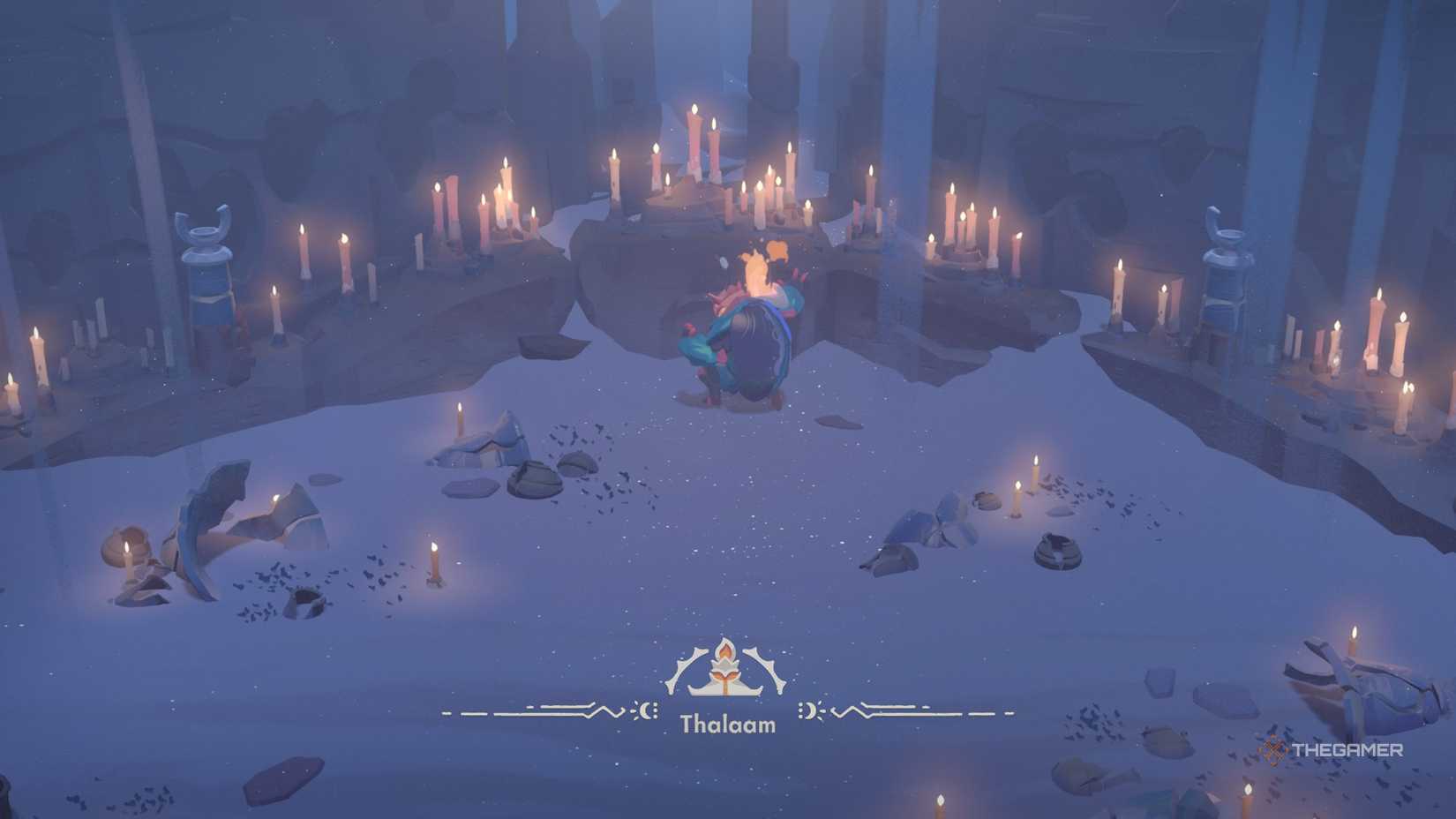 The presentation of Thalaam in Moonlighter 2, with him checking a rock.