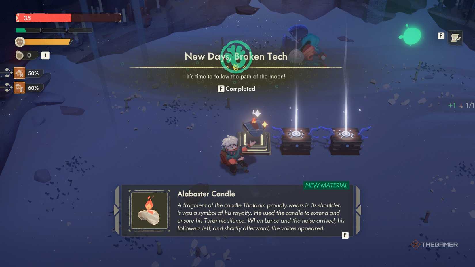 The player picking up an Alabaster Candle after defeating Thalaam in Moonlighter 2.