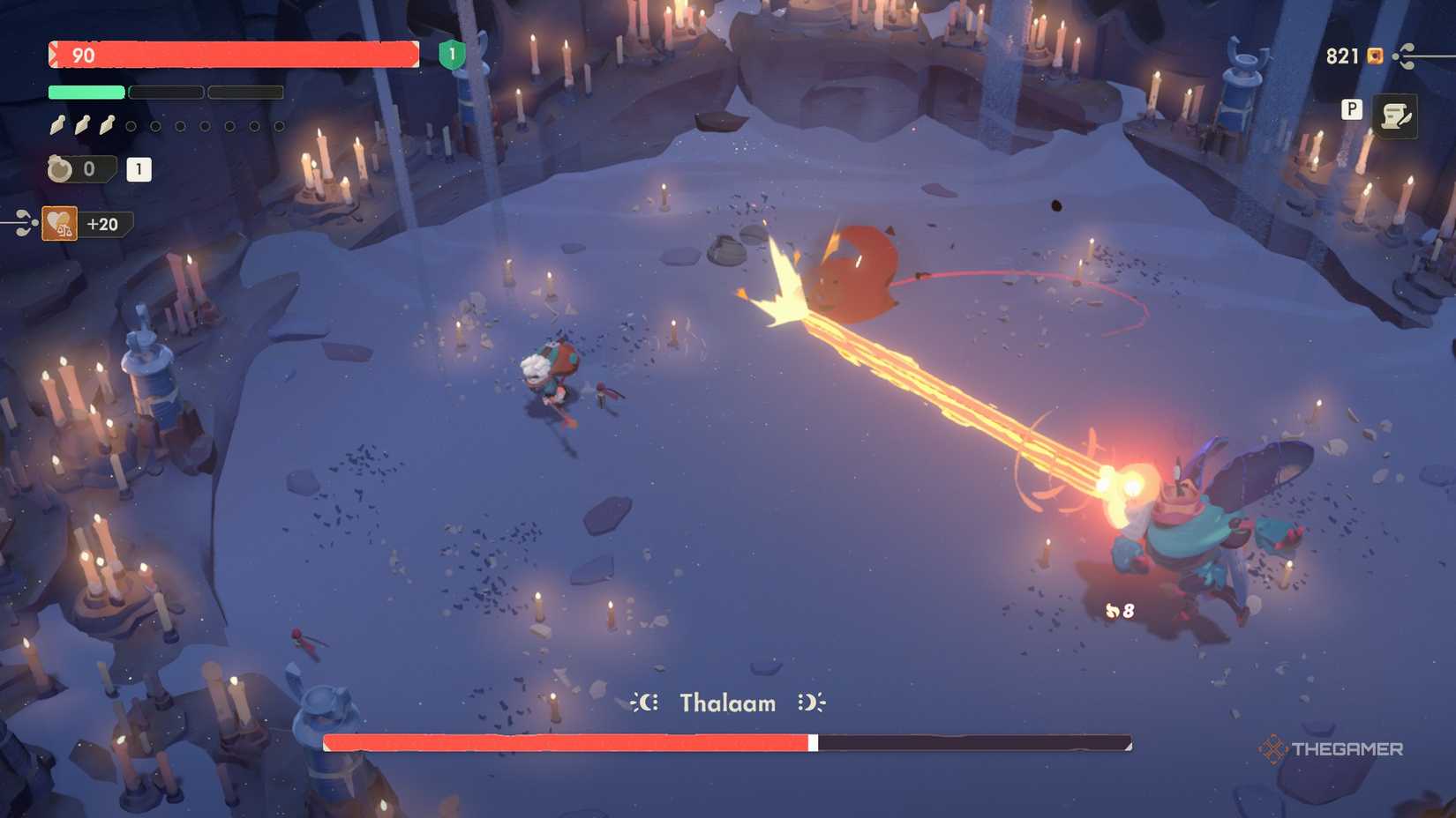 Thalaam attacking with a fire laser in Moonlighter 2.