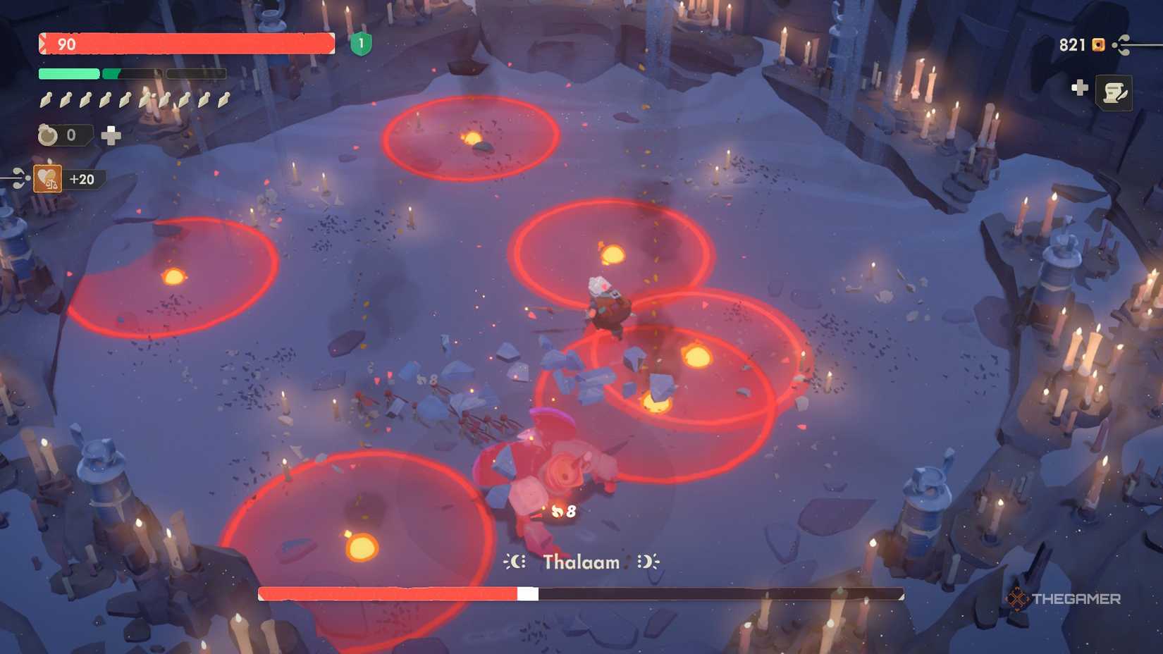 The player moving away from the fireballs that are about to explode next to Thalaam in Moonlighter 2.