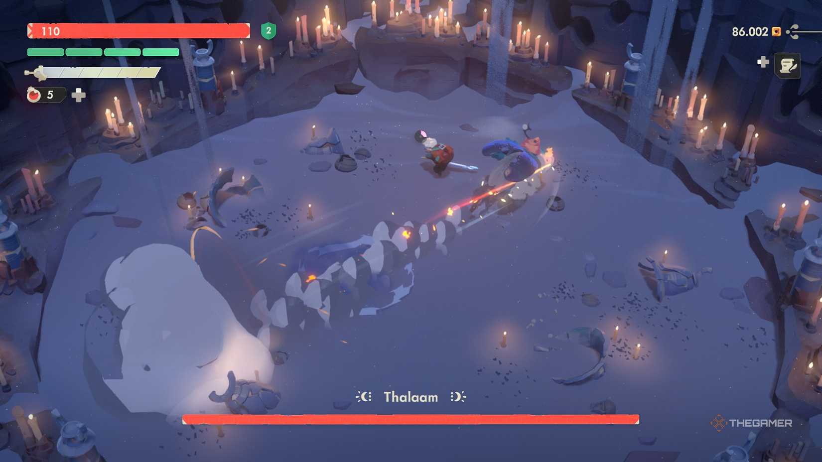 Thalam performing a charge attack in a straight line in Moonlighter 2.