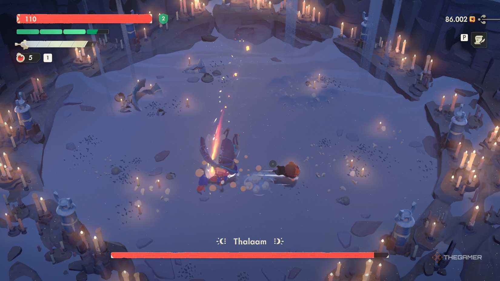 Thalaam slamming the ground and the player dodging to the right in Moonlighter 2.