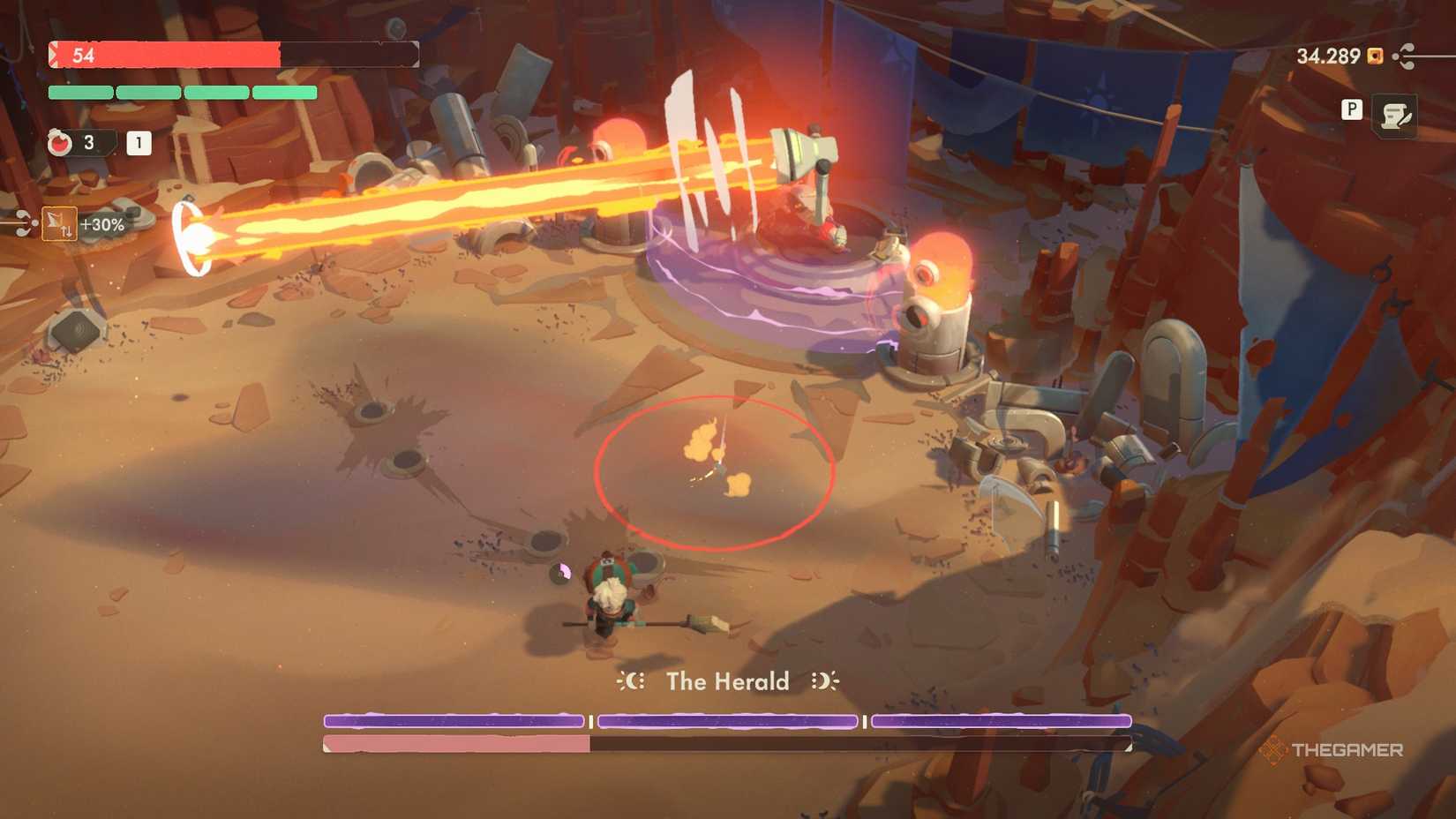 The Herald shooting their laser to the left in Moonlighter 2.