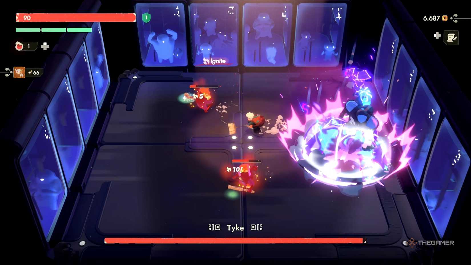 Tyke causing explosions below him while Will is runing toward two enemies in in Moonlighter 2.