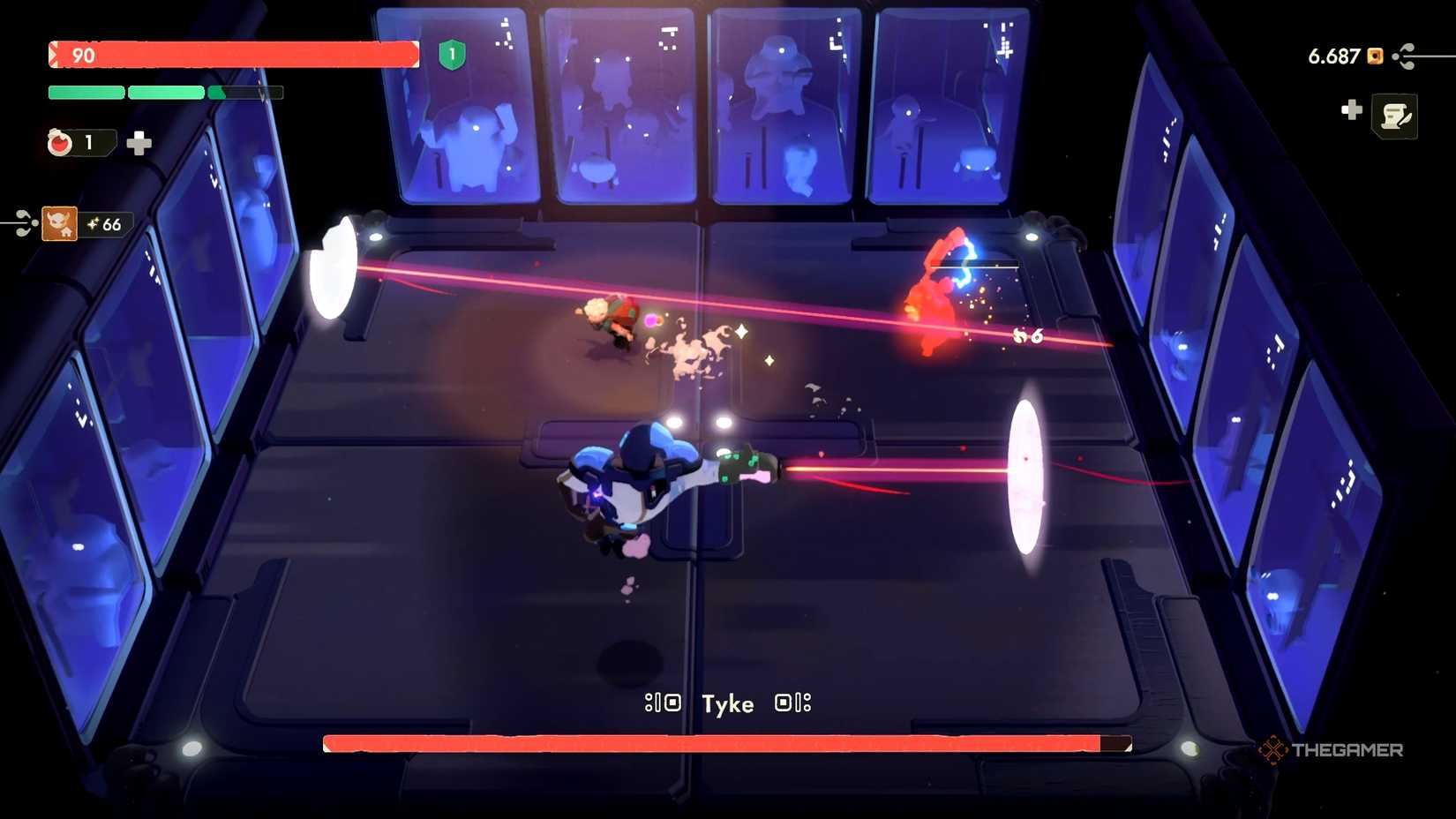 The player avoiding a laser going through a portal from Tyke in in Moonlighter 2.