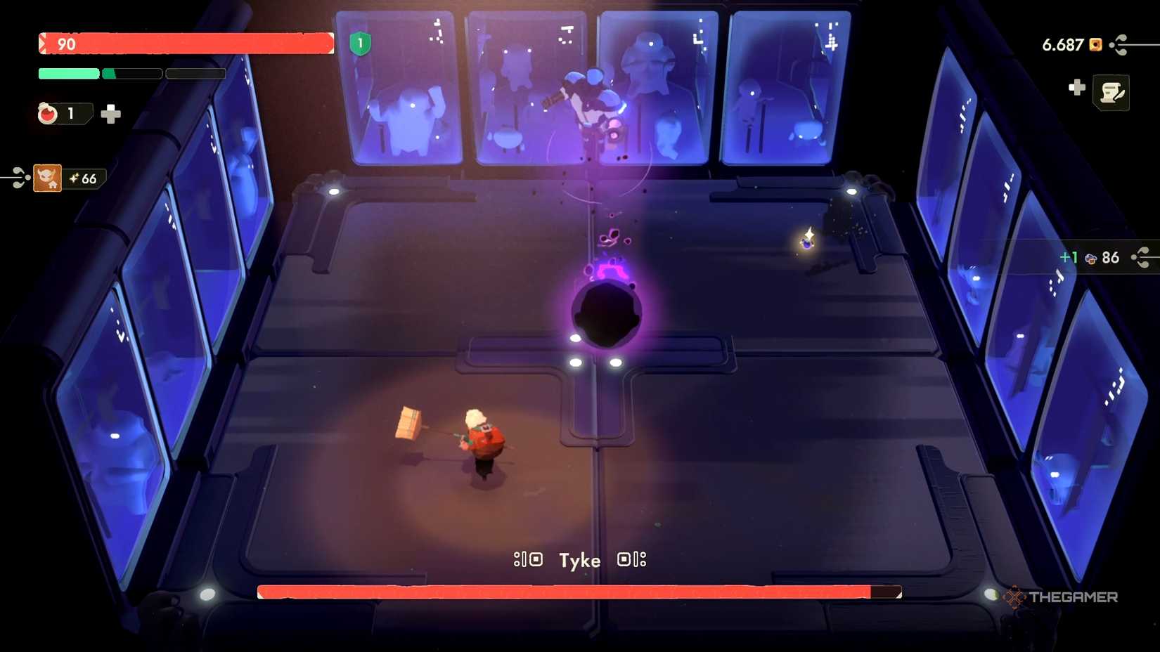 Tyke throwing a big purple ball to Will in Moonlighter 2.