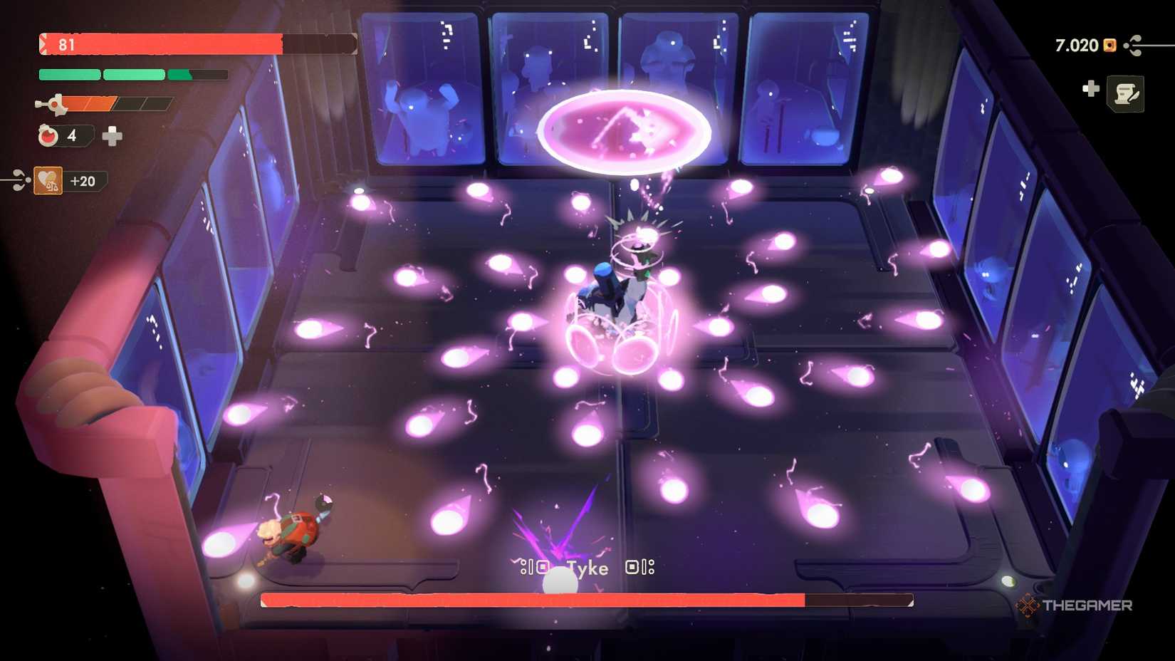 Tyke shooting pink projectiles in multiple directions in Moonlighter 2.