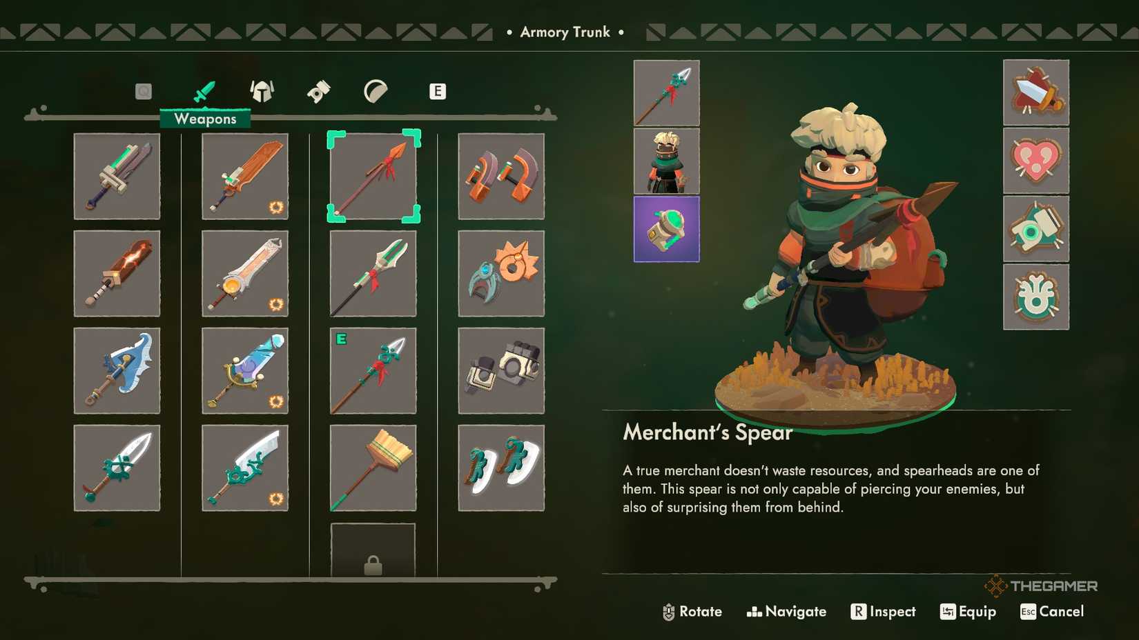 The Armory Trunk menu with every weapon in Moonlighter 2.