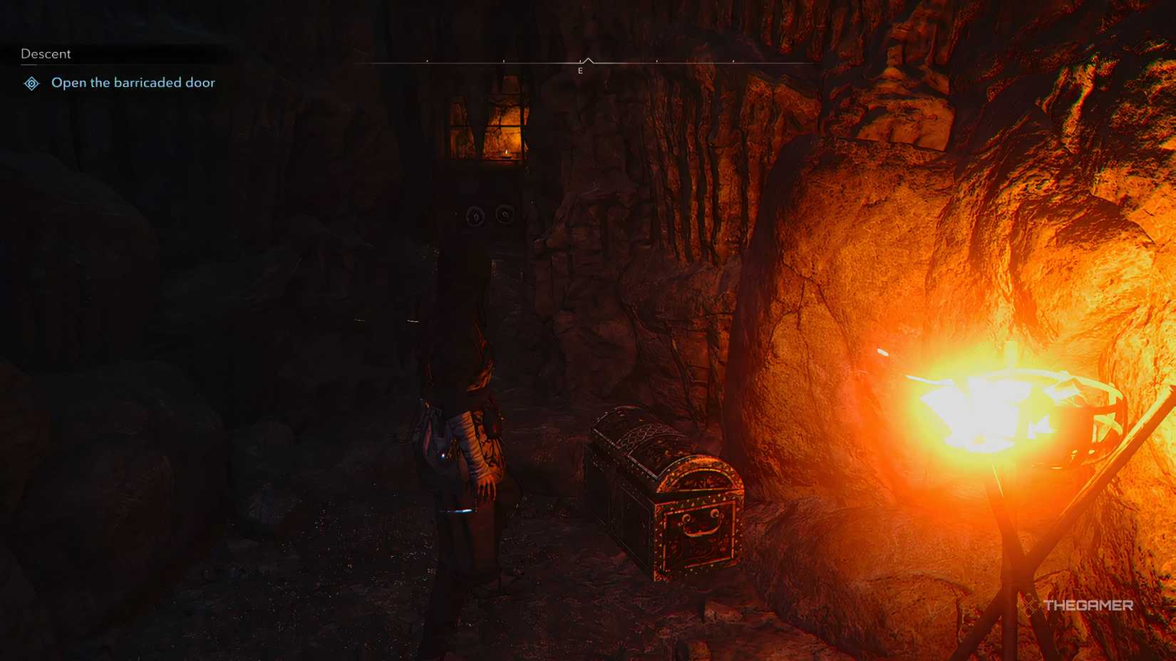 Naoe finding a chest and explosive barrel in the AoT story quest in Assassin’s Creed Shadows.