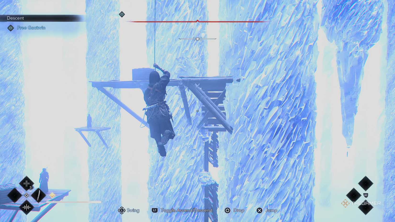 Naoe swinging on the grappling hook in the Attack on Titan story quest in AC Shadows.