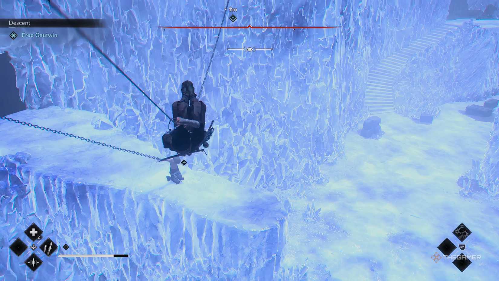 Naoe swinging to Gautwin in the Attack on Titan story quest in AC Shadows.