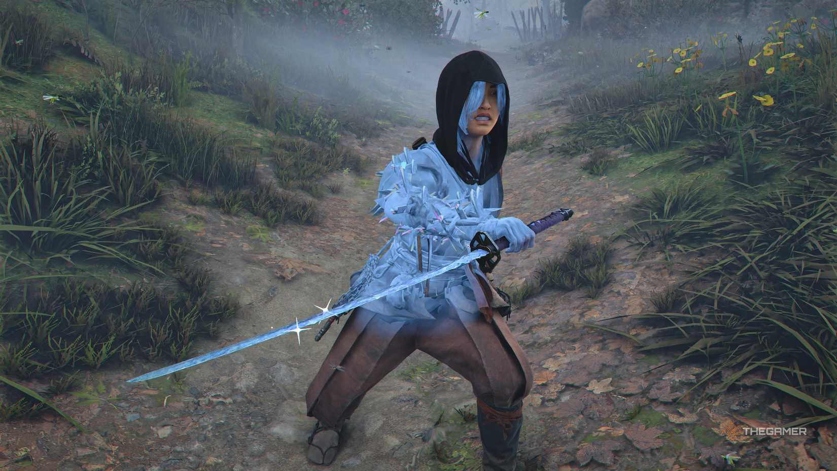 Naoe with the Titan Hardening cosmetic effect with Cave Shard in the Attack on Titan story quest in Assassin’s Creed Shadows.