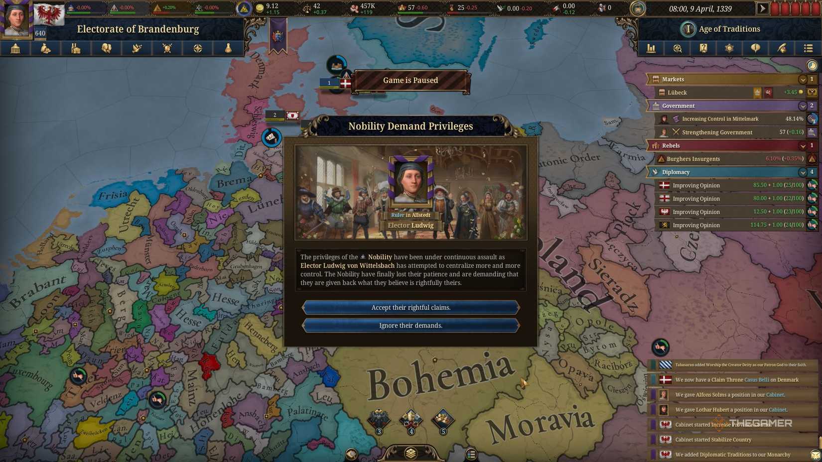 Nobility demanding more privileges in Europa Universalis 5 that will impact the Prestige score of Brandenburg if not granted.