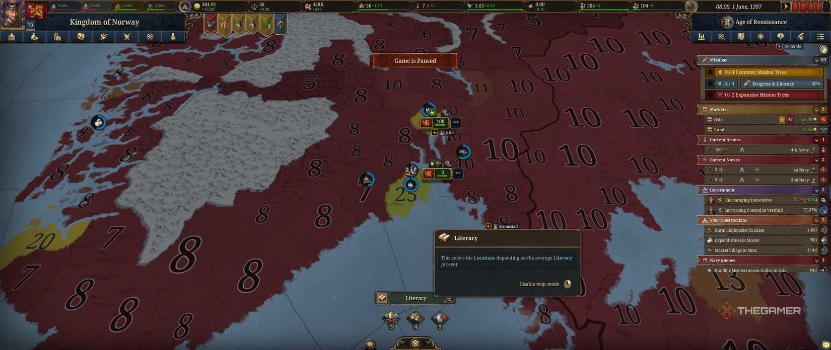 Norway with the Literacy mapmode in Europa Universalis 5.