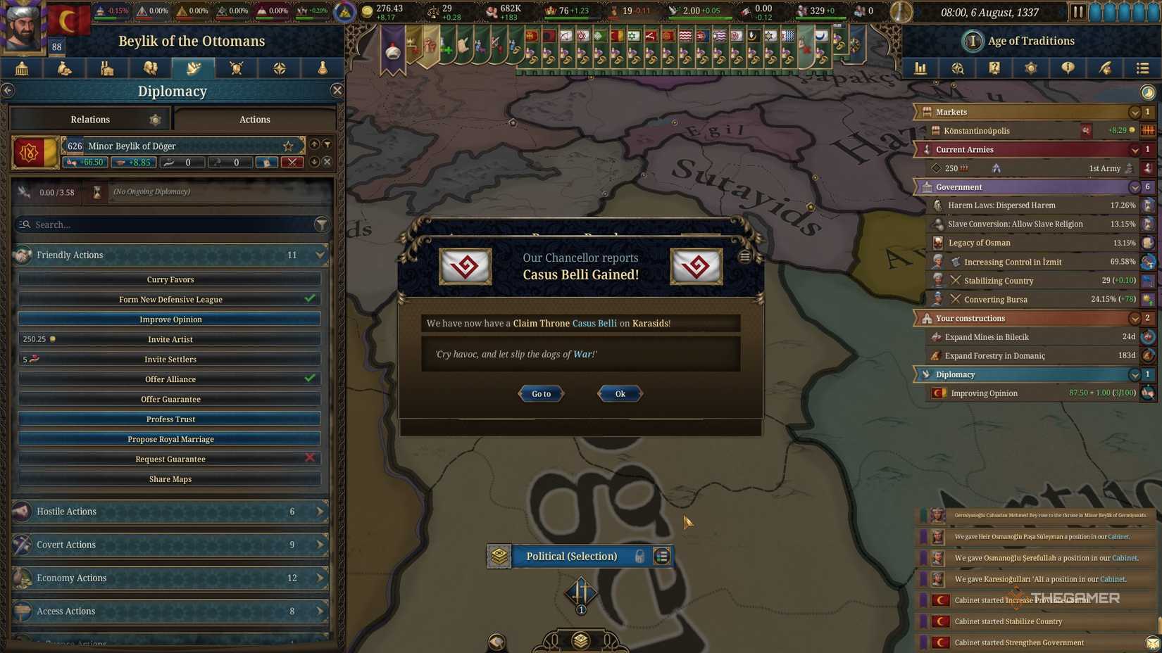 Ottomans getting a Casus Belli for Karasids in Europa Universalis 5.