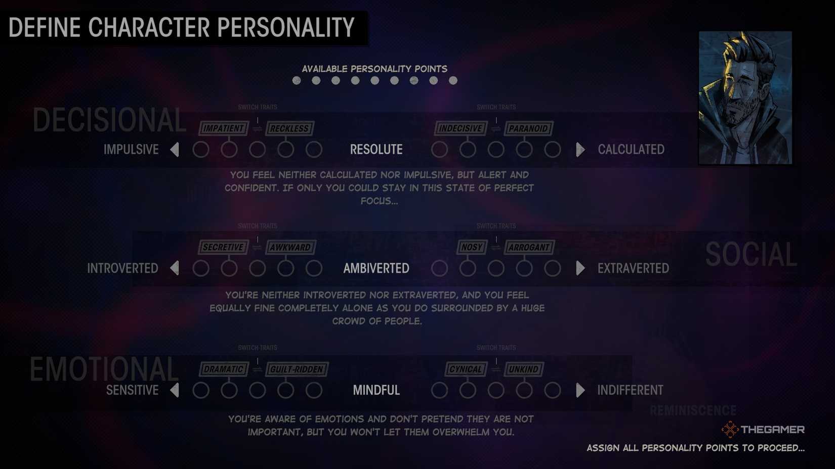 Personality point screen in Rue Valley.