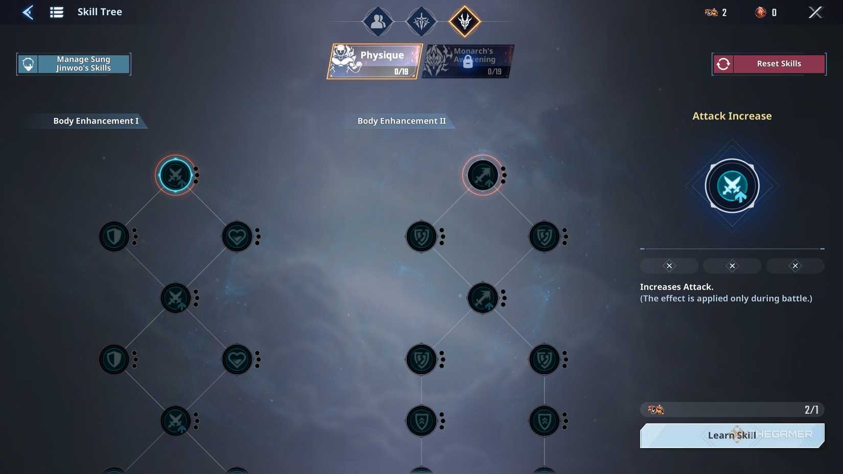 Physique skill tree in Solo Leveling Arise Overdrive.