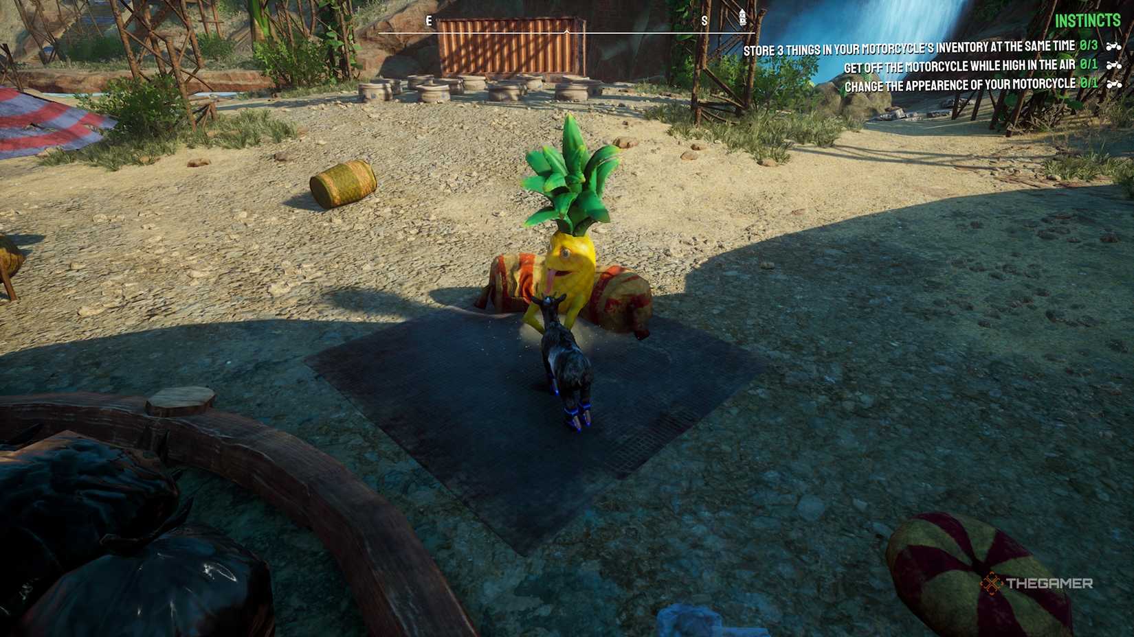 Pilgor beside a pineapple in Goat Simulator 3.