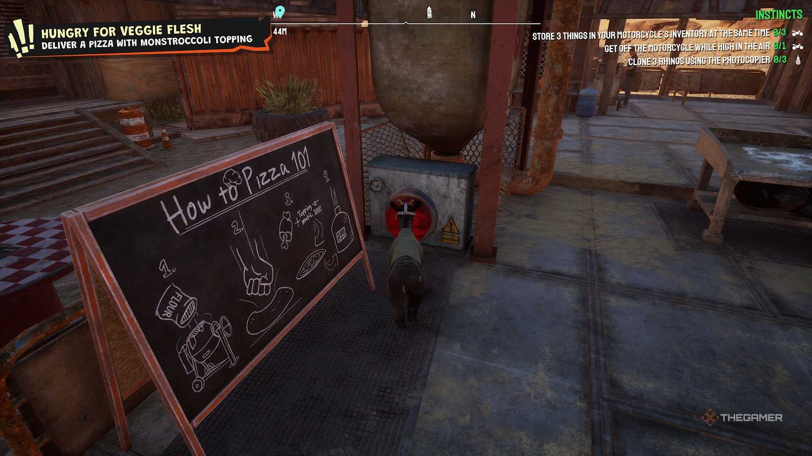 Pilgor by the red pizza button in Goat Simulator 3.