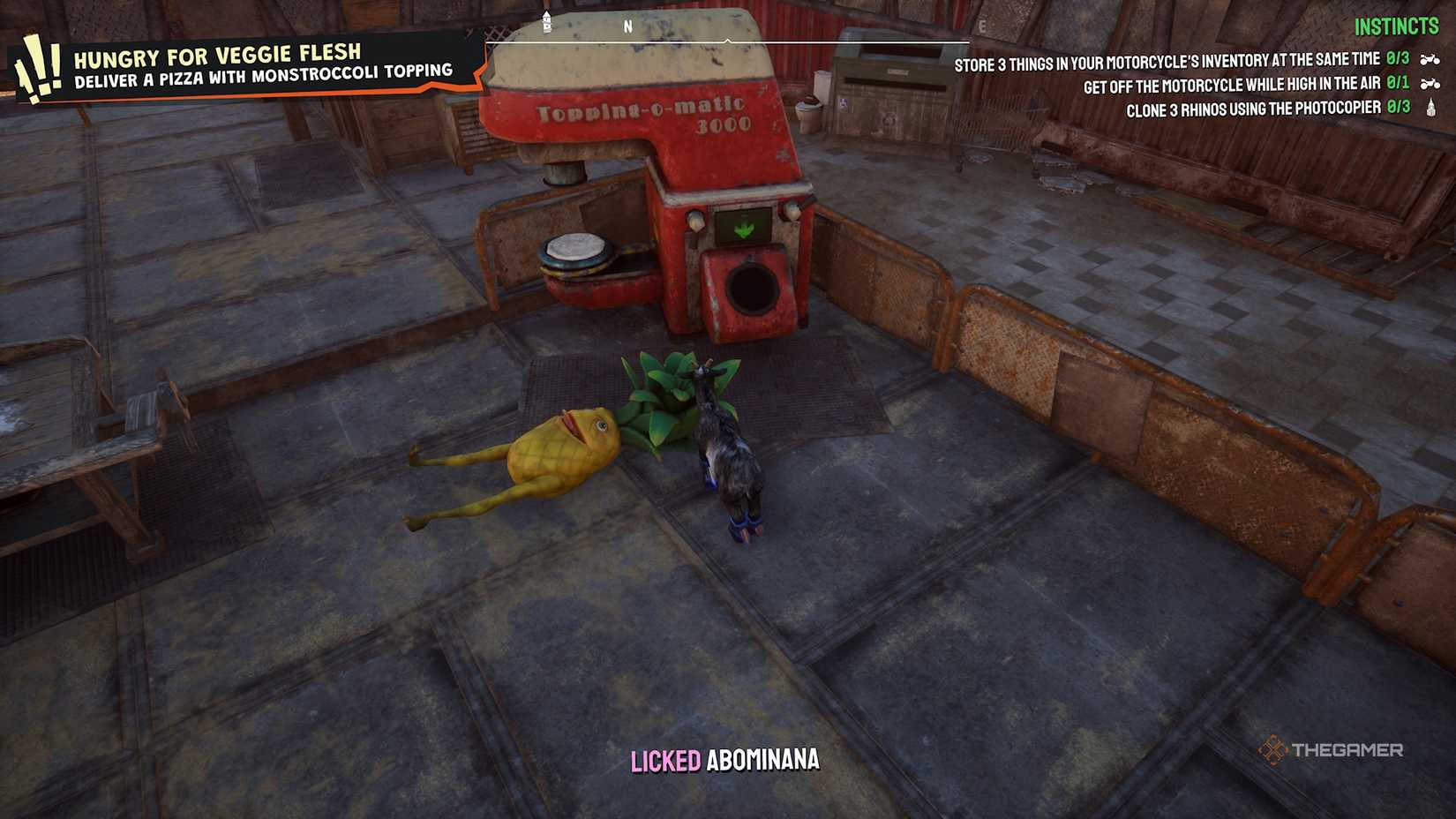 Pilgor dragging a pineapple to the Topping-o-matic 3000 machine in Goat Simulator 3.