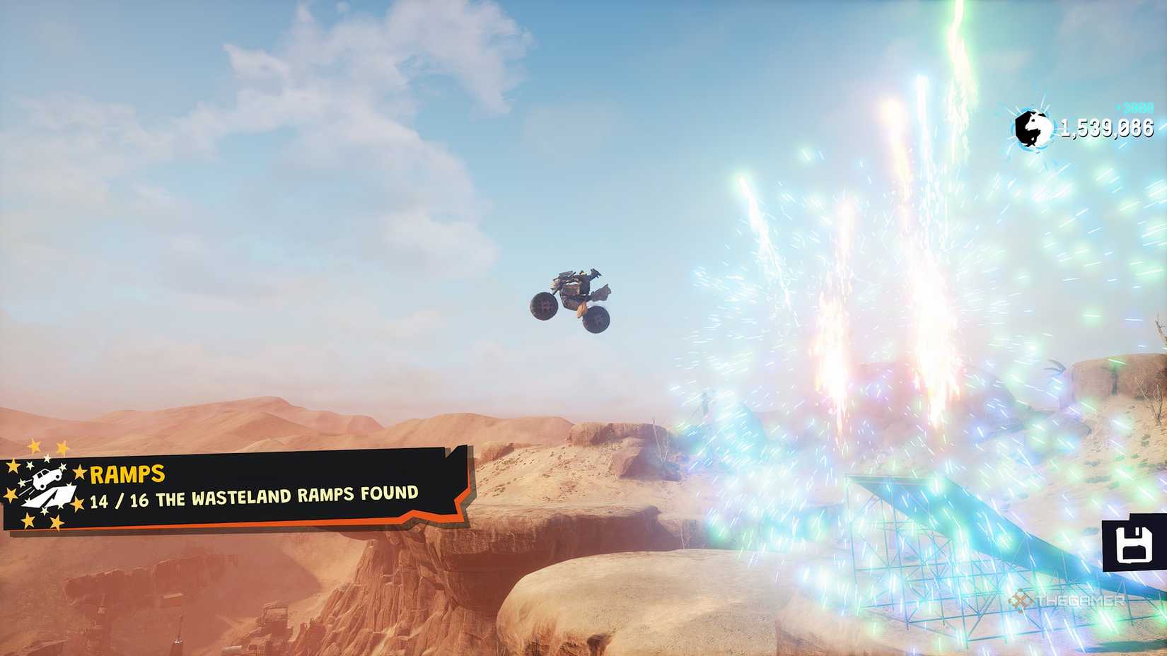 Pilgor on a bike riding off a ramp in Goat Simulator 3.