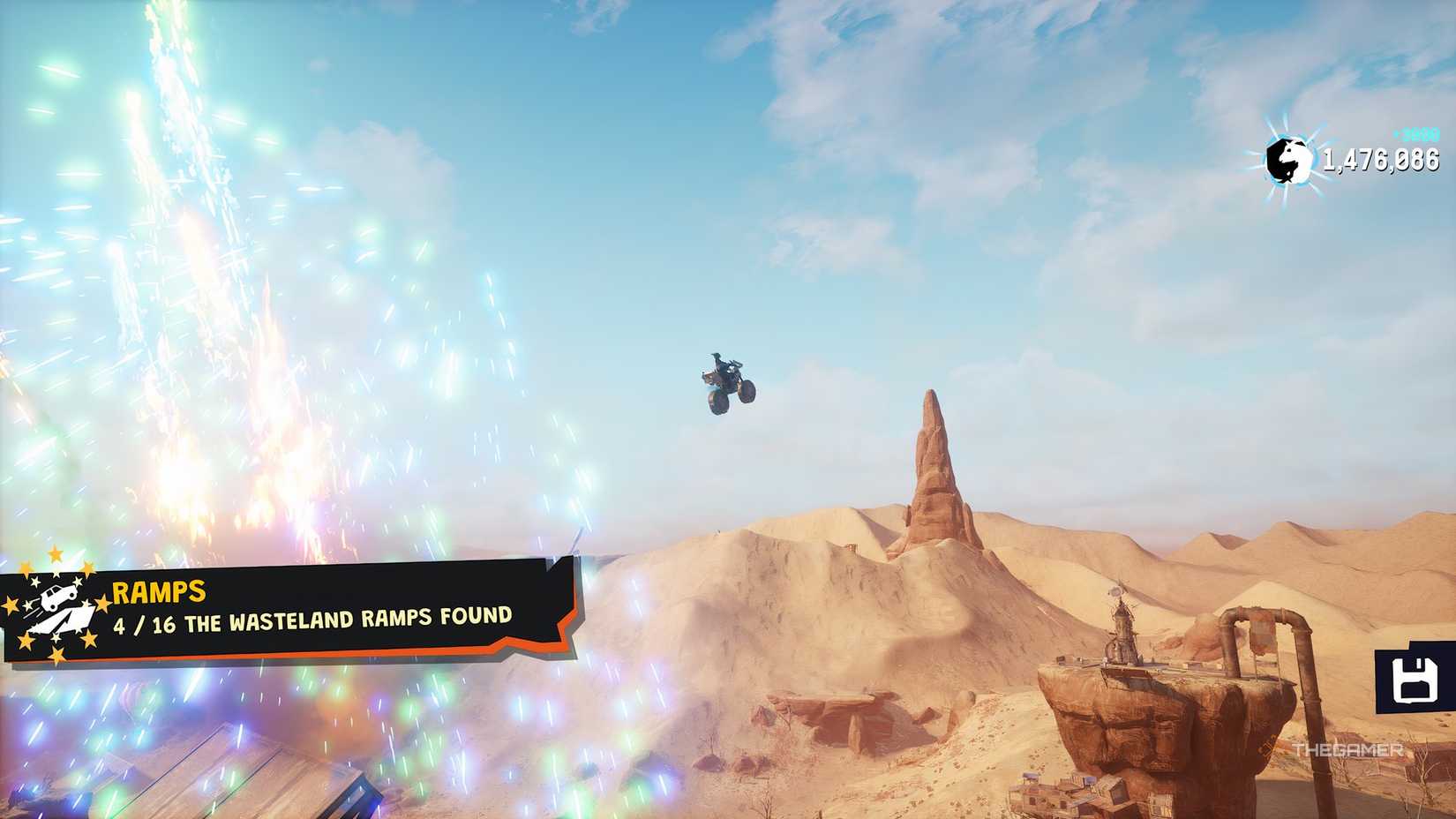 Pilgor on a motor bike completing a ramp in Goat Simulator 3.