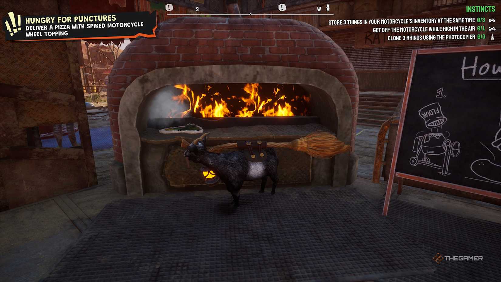 Pilgor using the pizza oven in Goat Simulator 3.