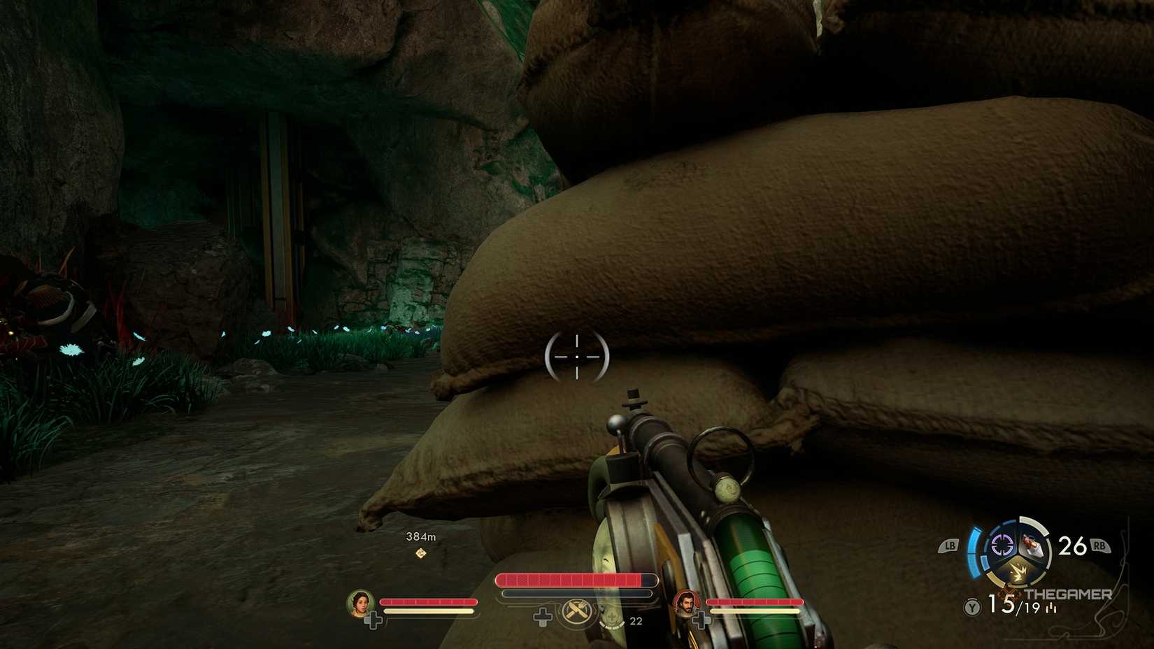 Player in cover behind sandbags in The Outer Worlds 2.