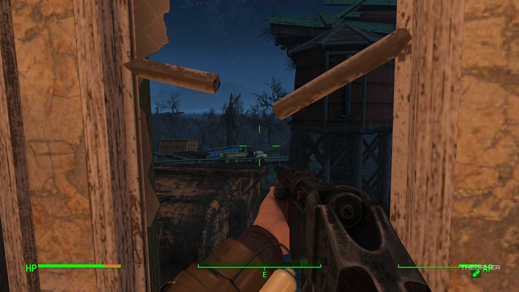Player pointing a Lucky Manwell Carbine through a window in Fallout 4.
