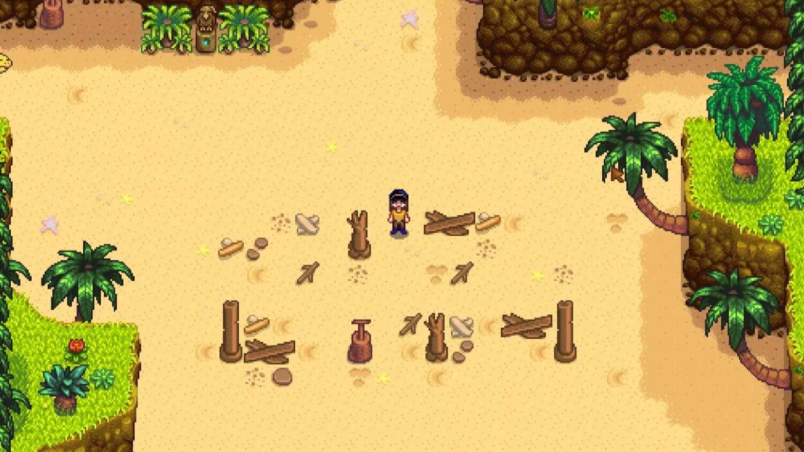 A player standing on initial landing beach in ginger island in Stardew Valley.