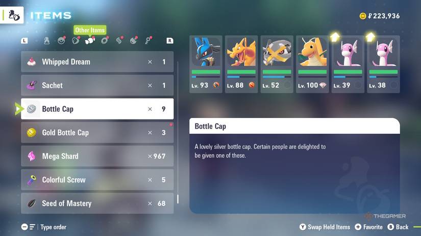 Bottle Caps in your inventory in Pokemon Legends: Z-A.