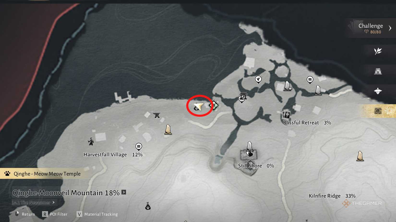 Puzzle near still shore in Where Winds Meet.