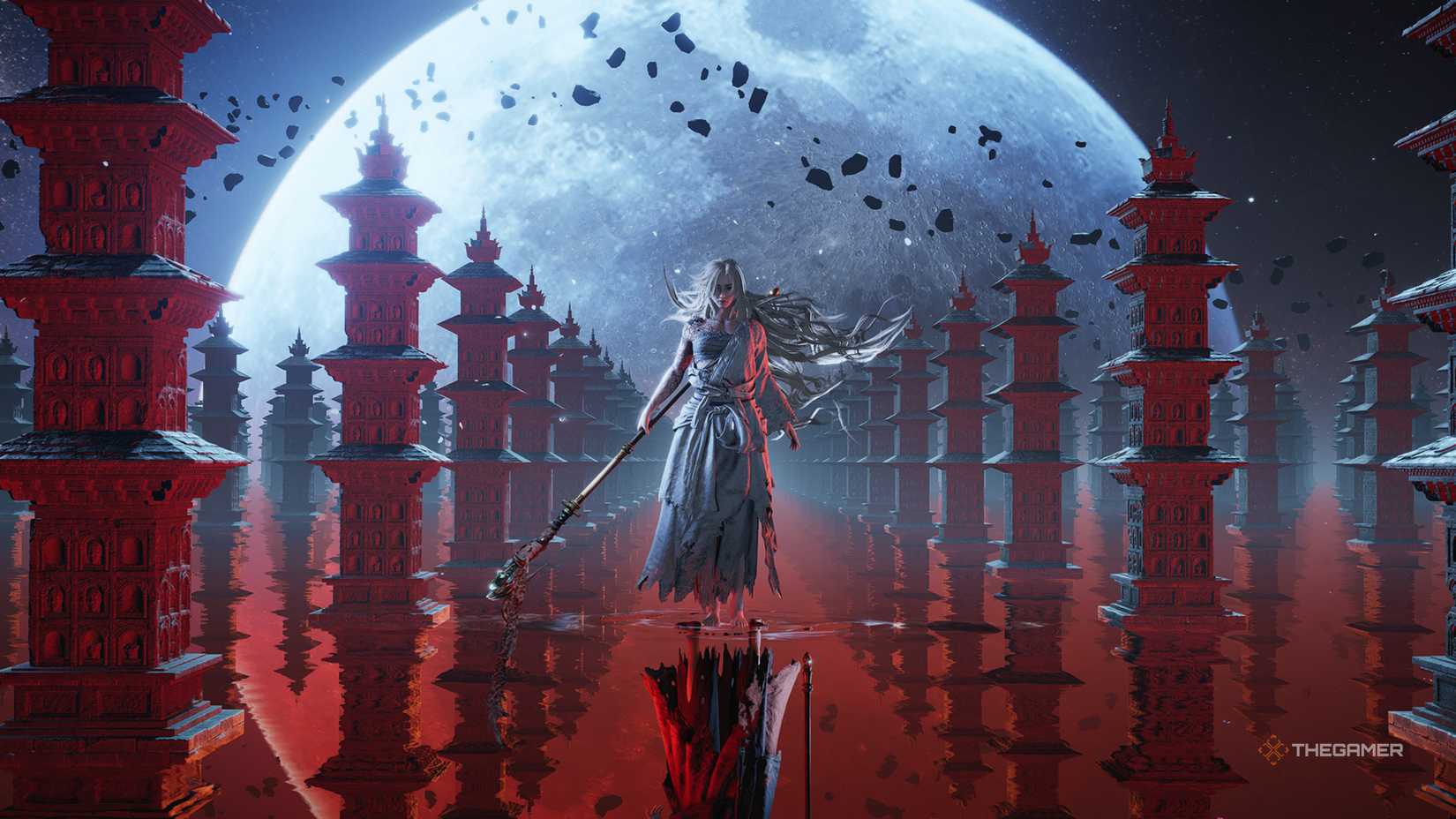 Qianye the witch in her white form in Where Winds Meet.