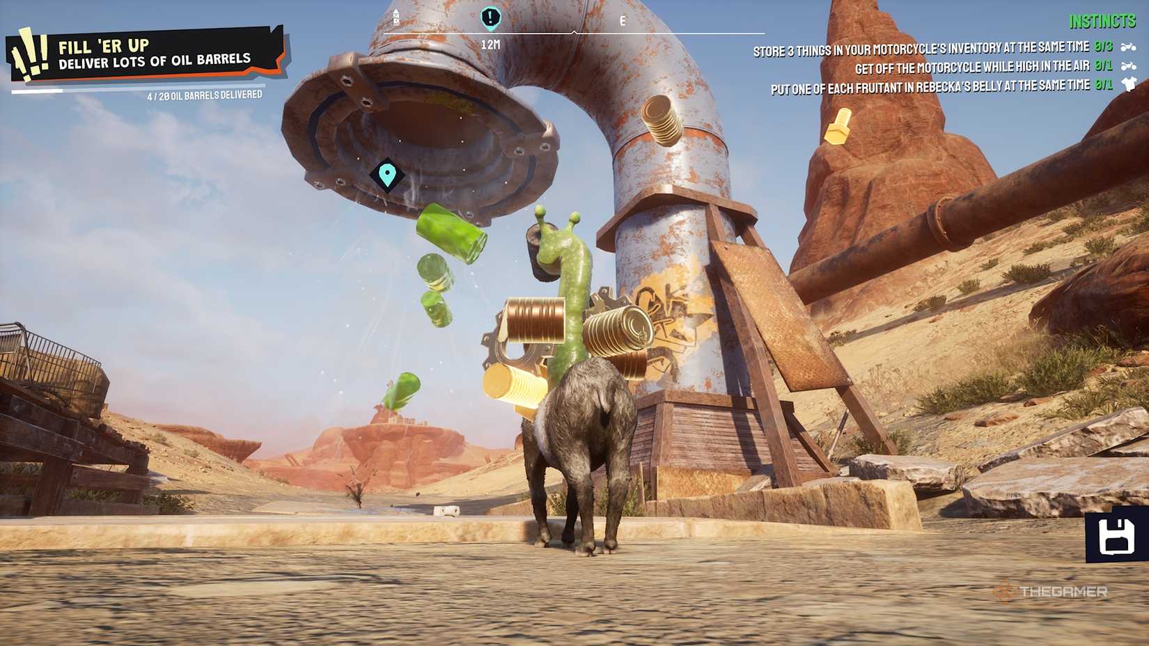 Rebecka throwing up oil cans in Goat Simulator 3.