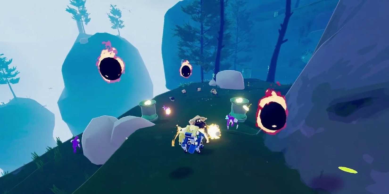 MUL-T facing wisps in Risk of Rain 2.