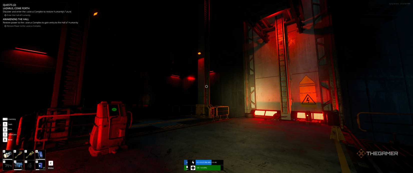 Robot holding onto a ladder by a lift in The Last Caretaker.