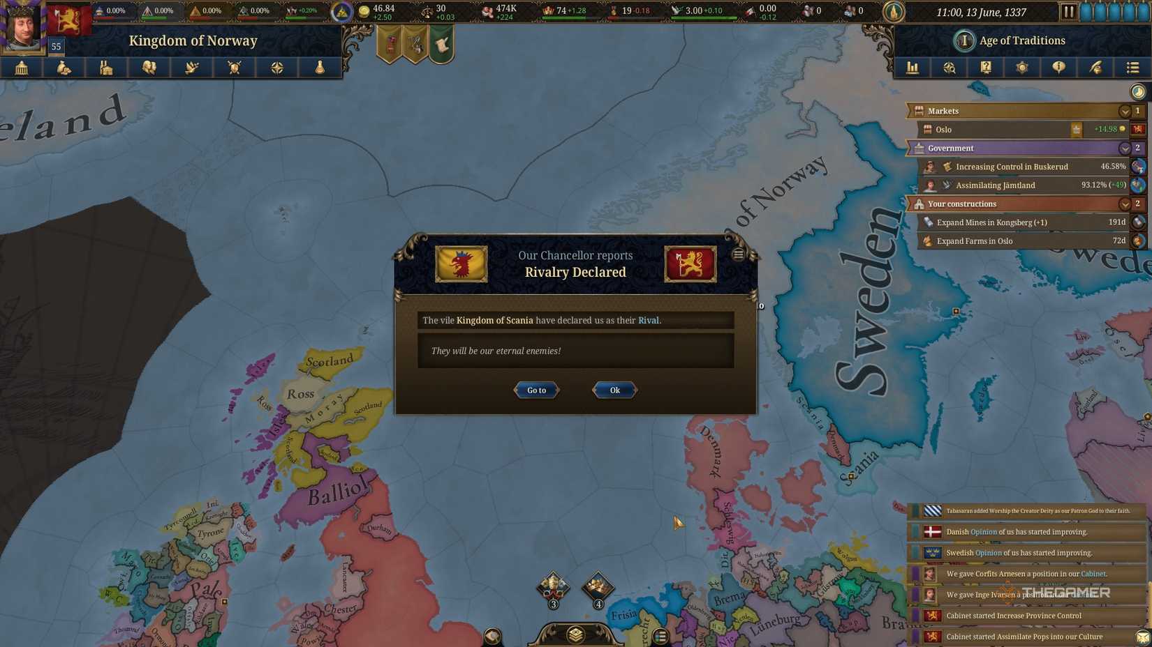 Scania declaring Norway their enemy ahead of a war in Europa Universalis 5.